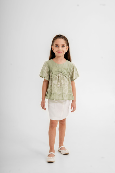 Gocoland Girl's 2-Piece Set, Embroidered Blouse and Belted Gabardine Skirt