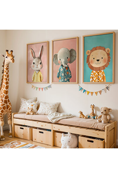 HİGUERA 3'lü Orman Hayvanları – Tavşan, Fil ve Aslan Doğal Ahşap Çerçeveli Ço...