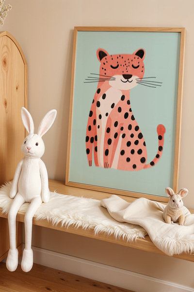 HİGUERA Fondul Albastru Cheetah Camera Copiilor Pictură Perete Cadru Lemn Nat...