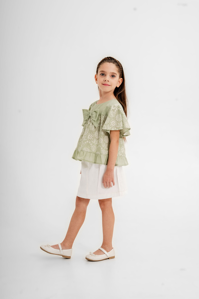 Gocoland Girl's 2-Piece Set, Embroidered Blouse and Belted Gabardine Skirt