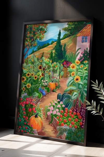 Opak Design Ζωγραφική τοίχου Flower Garden Illustration με φυσικό ξύλινο πλαίσιο