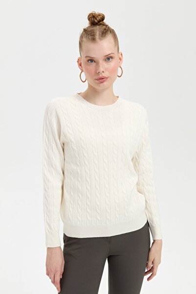 Desen Triko Жіночий в'язаний светр з круглим вирізом - кістковий колір