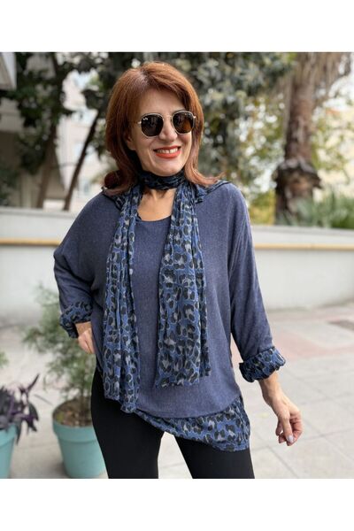 DenizEge Pulover leopard cu eșarfă italiană și cămașă albastră