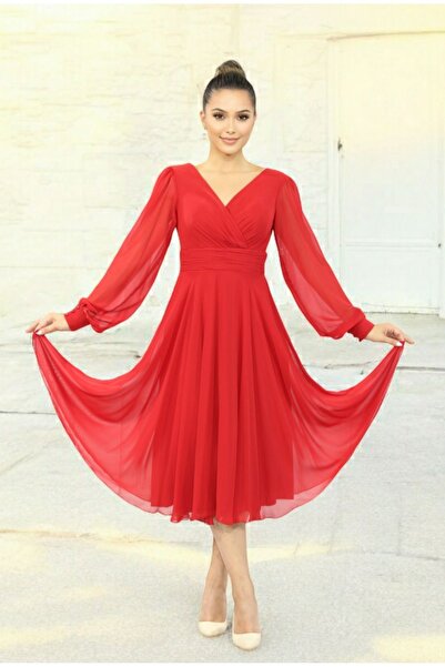 FaBe Fashion Uzun Kollu Kruvaze Yaka Midi Şifon Elbise