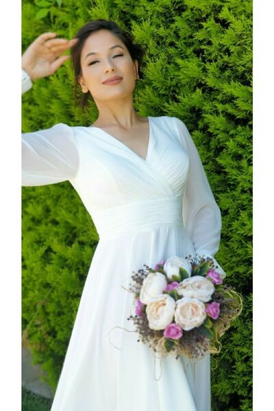 FaBe Fashion Uzun Kollu Kruvaze Yaka Midi Şifon Elbise