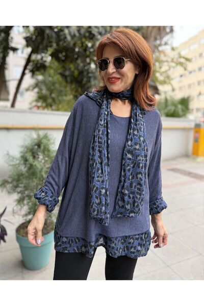 DenizEge Pulover leopard cu eșarfă italiană și cămașă albastră