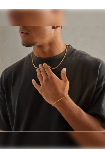 PURE BERRY Burgu Necklace and Bracelet Set Unisex Gold Color Bijuteri̇