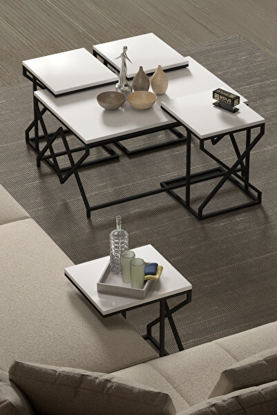 GOLDFALEZ Orta Sehpa Ve Zigon Sehpa V Lüx 5'Li Set Beyaz