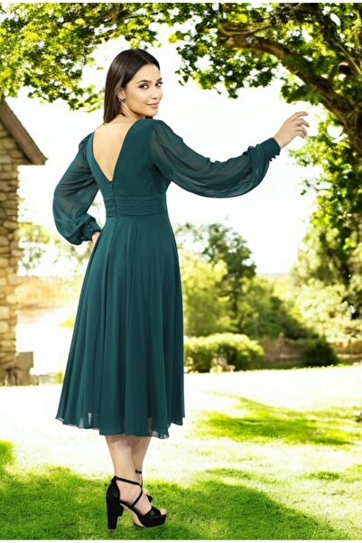 FaBe Fashion Uzun Kollu Kruvaze Yaka Midi Şifon Elbise