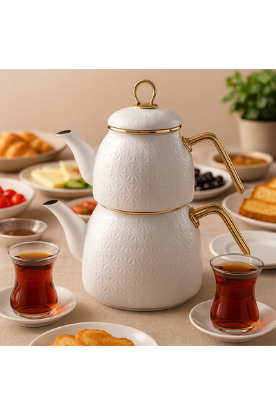esdekor Crystal Selection Emaye Çaydanlık Takımı Beyaz Yıldız 2,5 L Kilit Kap...