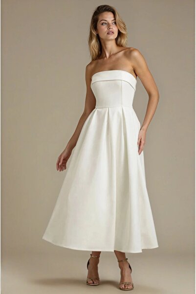 OLSAMODA KADIN ATLAS KUMAŞ STRAPLEZ YAKA KLOŞ KESİM UZUN BOY DÜĞÜN NİŞAN DAVET ELBİSESİ