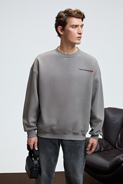 GRIMELANGE Percy Men's Round Neck Oversized Dark Gray Sweatshirt with Chest Print and Back Print