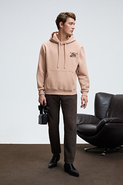 GRIMELANGE Leland Men's Hooded Kangaroo Pocket Front Printed Regular Fit Mink Sweatshirt