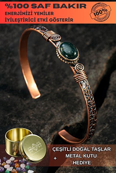 OSMANLI GÜMÜŞ Bakır Kelepçe Bilezik Yeşil Akik Doğal Taş Erkek Kadın Kuvars T...