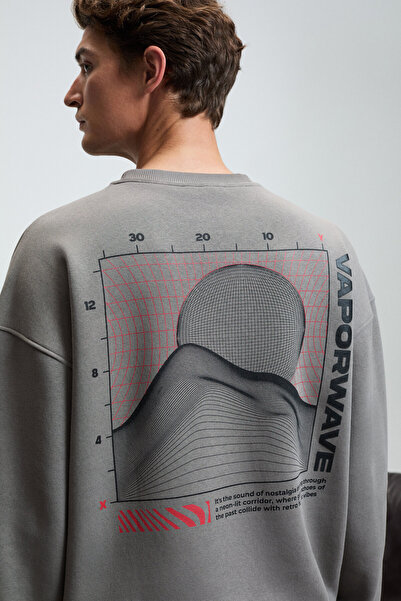 GRIMELANGE Percy Men's Round Neck Oversized Dark Gray Sweatshirt with Chest Print and Back Print