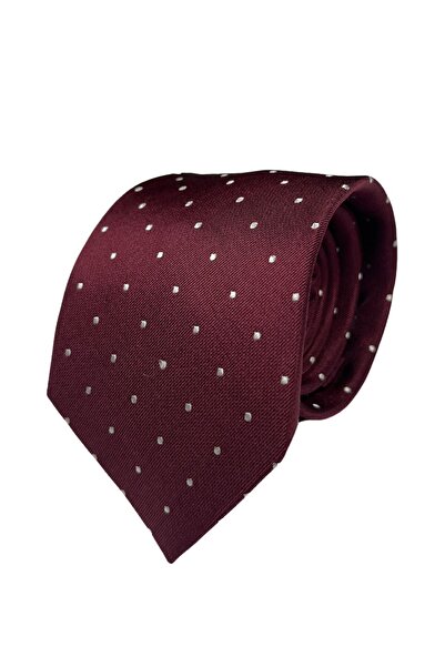 1001 Kravat White Polka Dot Patterned 8 cm Wide Claret Red Silk Tie