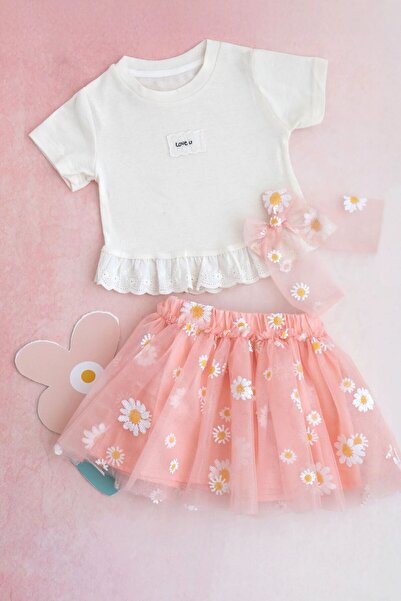 chipiques Спідниця для дівчинки з паєтками та вишивкою маргариток, лососевого кольору