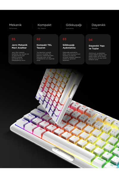 Rampage Claw Type-C TKL Blue Switch Mekanik Rainbow Antighosting Türkçe Q Gaming Oyuncu Klavyesi Beyaz