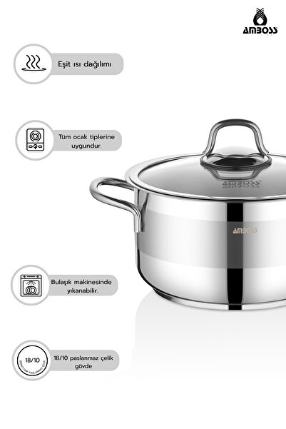 Amboss Saphire 6 Parça Paslanmaz Çelik Cam Kapaklı Derin Tencere Seti