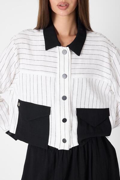 Zühre Shirt Collar Pocket Detailed Ecru/Black Double Suit Tk-1617