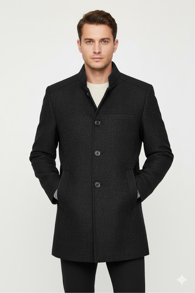 SÜVARİ Comfortable Fit Dobby Wool Anthracite High Collar Men's Coat