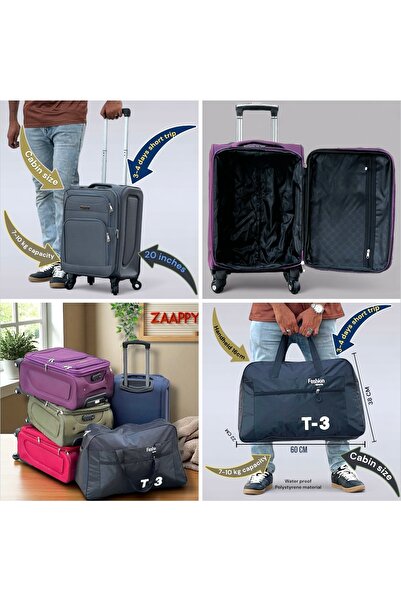 ZAAPPY Soft Material 20 Inch (7-10kg) Luggage Lightweight Cabin Size - Durable T3 Duffle Bag Combo