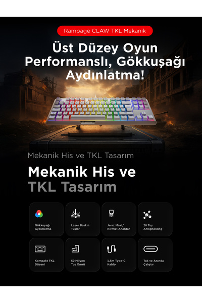 Rampage Claw Type-C TKL Blue Switch Mekanik Rainbow Antighosting Türkçe Q Gaming Oyuncu Klavyesi Beyaz