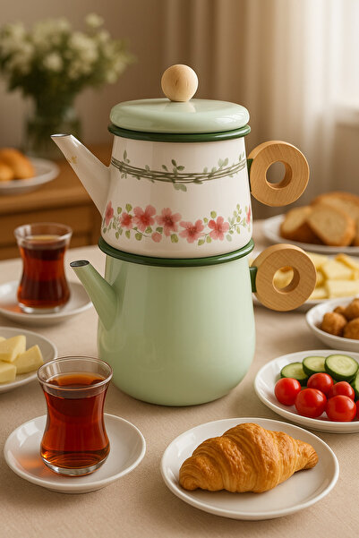 Luyano Yeşil Çaydanlık Takımı Çelik Üzeri Emaye Kaplama Ahşap Tutmaçlı 27cm