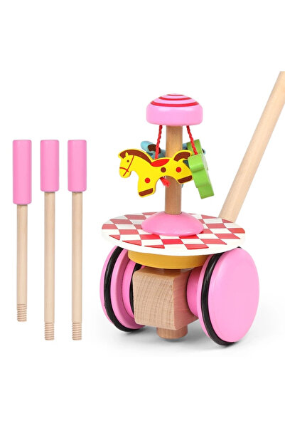 Toyska Jucarie din lemn 2 roti pentru impins si tras Carusel, roz