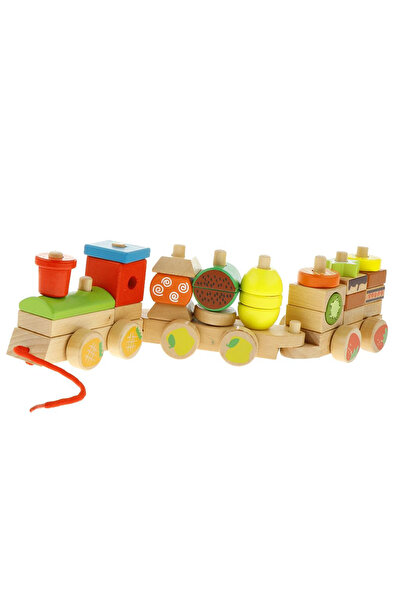 Toyska Trenulet Montessori din lemn stivuire cuburi cu fructe, multicolor