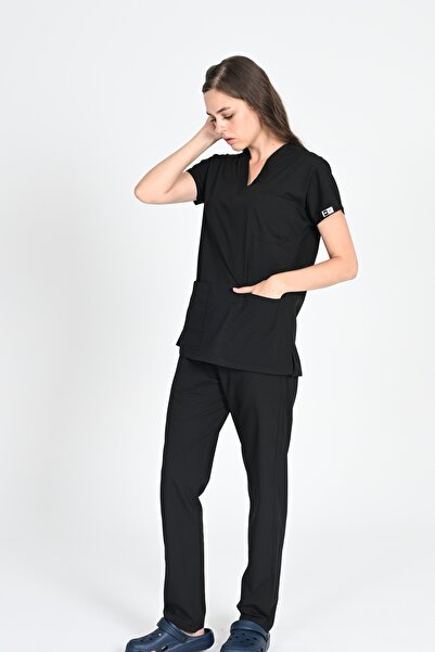 BAŞAK Likralı Pamuk Scrubs Yarasakol Doktor Hemşire Forma Takımı Siyah