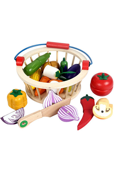 Toyska Joc educativ Cos cu legume din lemn pentru feliat, 12 piese, multicolor
