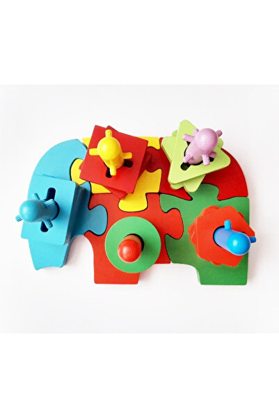 Toyska Jucarie din lemn 2 in 1, Sortator forme geometrice 5 coloane, Puzzle E...