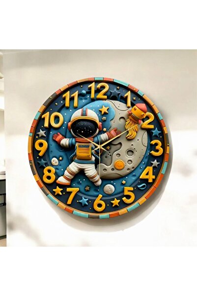 AA Shop Renkli Baskı Astronot Uzay Çocuk Desenli Sayılı Yılbaşı Hediyelik Ahşap Sessiz Tablo Duvar Saati