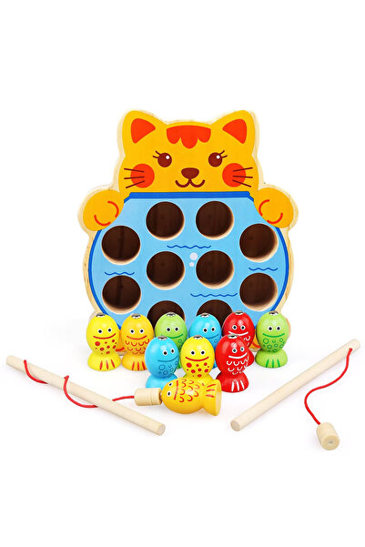 Toyska Jucarie de pescuit din lemn Pisicuta cu undite si pestisori, multicolor