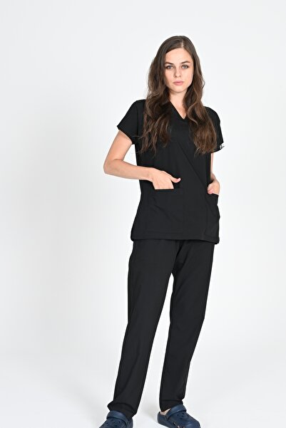 BAŞAK Likralı Pamuk Scrubs Yarasakol Doktor Hemşire Forma Takımı Siyah
