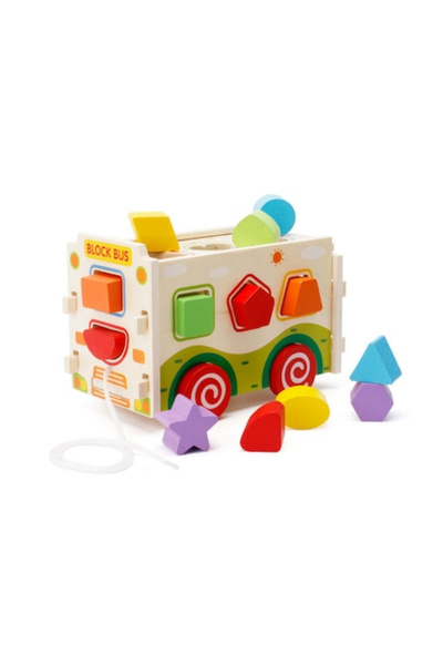 Toyska Autobuz lemn 2 in 1, jucarie de tras si sortator