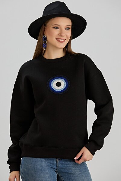Sortie Kadın Siyah Renk Nazar Boncuklu Bisiklet Yaka Midi Boy Üç İplik Sweatshirt