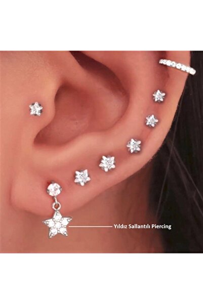 Heppii Cerrahi Çelik Yıldız Sallantılı Piercing Helix Kıkırdak Silver Renk