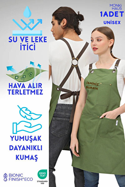 Monki Haus Kişiye Özel Isim Nakışlı Önlük Mutfak Kafe Chef Barista Garson Çiç...