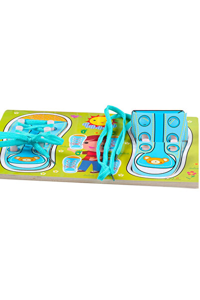 Toyska Joc Montessori din lemn si puzzle Invata sa legi sireturi, albastru