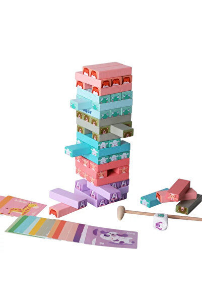 Toyska Joc Jenga din lemn cu Animale, 54 piese