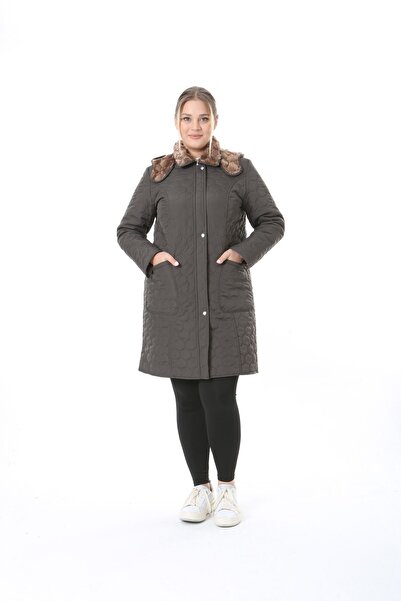 TUTveAL Collection Large Size Imported Soft Fur Coat - Rabbit Hair, Water Repellent, Quilted - Khaki Color