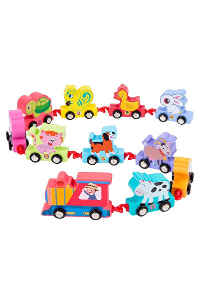 Toyska Tren din lemn cu Vagoane Animale, cifre de la 1 la 10, multicolor