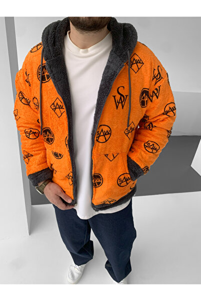 Saw Πορτοκαλί Παλτό Διπλής Όψης Χοντρό Λούτρινο