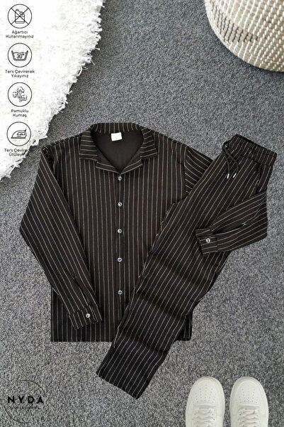 Nyda Collections Men's Crepe Fabric Striped Lycra Oversize Long Sleeve Shirt with Pockets Elastic Waist Lace-Up Trousers Set