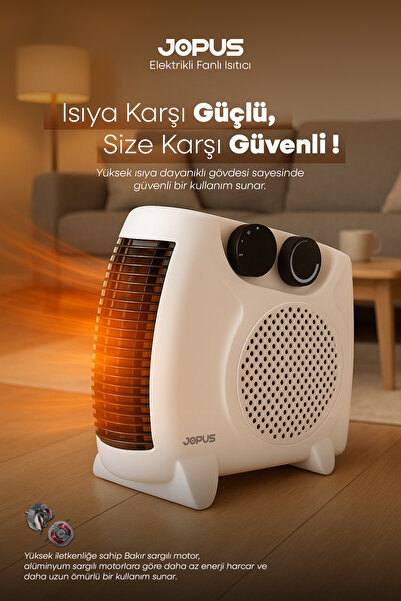 Jopus 2000W Elektrikli Fanlı Isıtıcı, Termostatlı, Sıcak-Soğuk Hızlı Isıtma, 25 m² Alan Kapasitesi