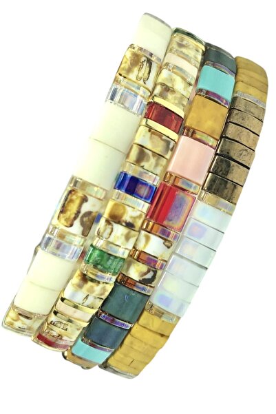 NAZLI TAKILAR مجموعة من 4 أساور مصنوعة يدويًا من الخرز الزجاجي المرن من ميوكي...