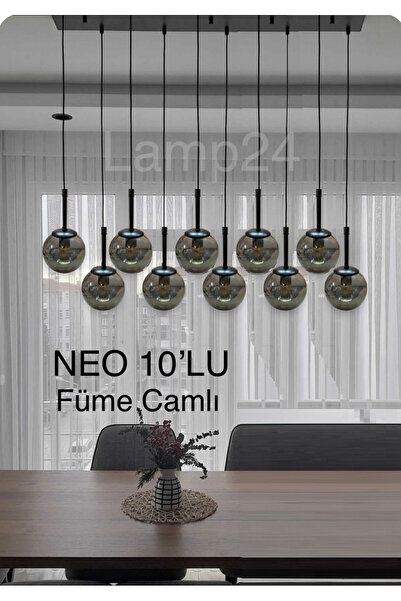 Lamp24 NEO SERİSİ 10’LU FÜME GLOP CAMLI YEMEK MASASI AVİZESİ