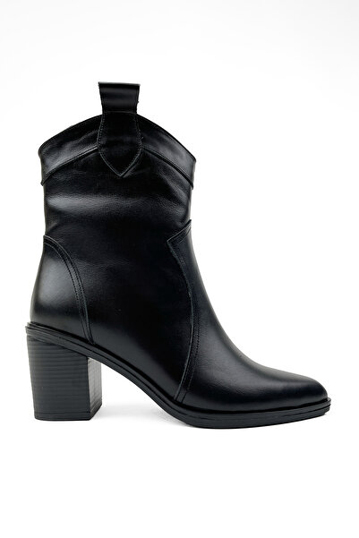 RABU Siyah Kadın Hakiki Deri Topuklu Kovboy Western Bot